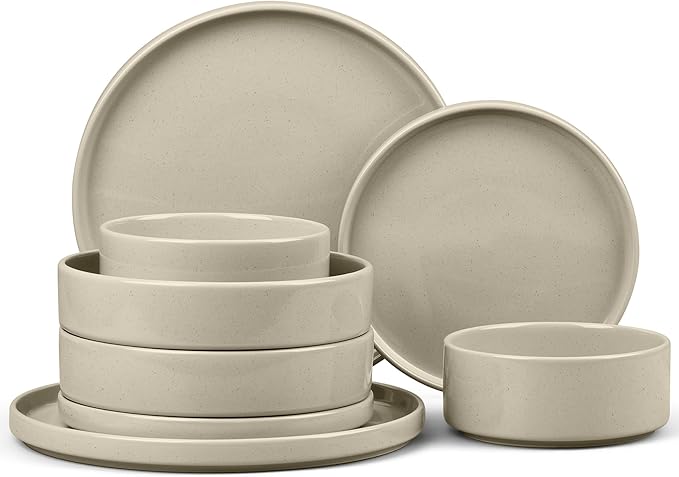 E-far 8-Piece Plates and Bowls Sets - Stoneware Dinnerware Sets with Pasta Bowls for 2 | Microwave & Dishwasher Safe Kitchen Modern Dish Set, Speckled Khaki