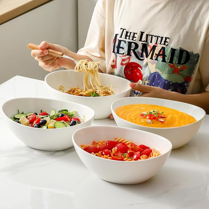 HASENSE 40 OZ Salad Bowls Set of 4, Ceramic Serving Bowls for Kitchen, 9 Inch Ceramic Bowls Microwave and Dishwasher Safe for Ramen, Salad, Fruit, Pasta and Side dish, White
