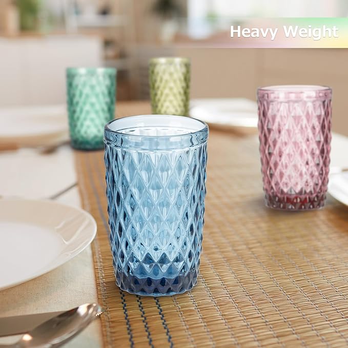 Topsky Highball Drinking Glasses Set of 6,12 oz Colored Glassware with Geometric Diamond Pattern,Embossed Diamond Tumblers,Blue Vintage Glassware Set for Beer,Juice,Cocktail