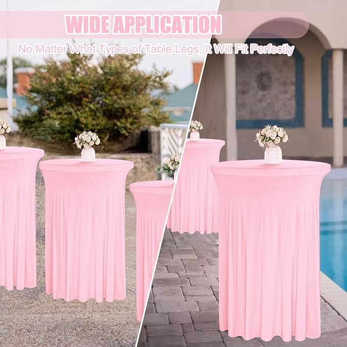 4 Packs 32 x 43 Inch Spandex Round Cocktail Table Skirts Stretch Cocktail Table Cover Fitted High Top Tables for Wedding Bar Party Banquet (Pink)