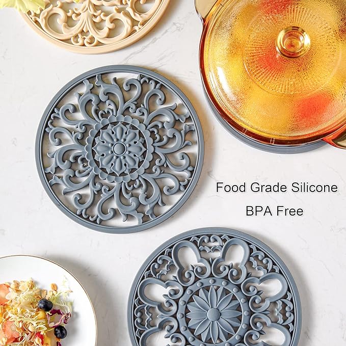Extra Thick Silicone Trivet Mat for Hot Dishes, Hot Pots and Pans, Pot Holder, Hot Pad to Portect Your Table and Countertop, Kitchen Decor and Accessories,Warm Grey,Set of 3