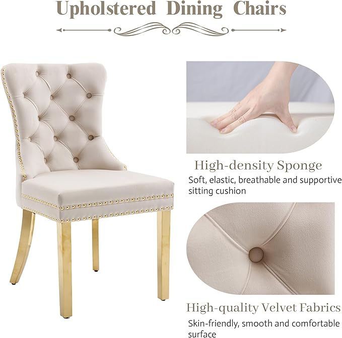 KCC Velvet Dining Chairs Set of 2, Upholstered High-end Tufted Dining Chair with Nailhead Back Ring Pull Trim Stainless Steel Legs, Contemporary Nikki Collection Modern Style for Kitchen, Beige