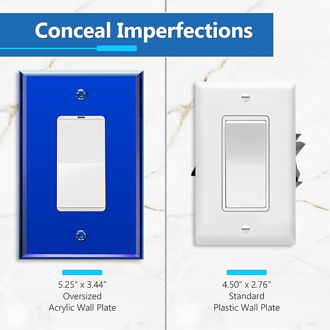LIDER Reflective Acrylic Decorator Wall Plate, Mirrored Light Switch Plate, Plexiglass Outlet Cover, Acrylic Glass, Oversized 1-Gang 5.25" x 3.44", LWP-31O-ABL, Blue
