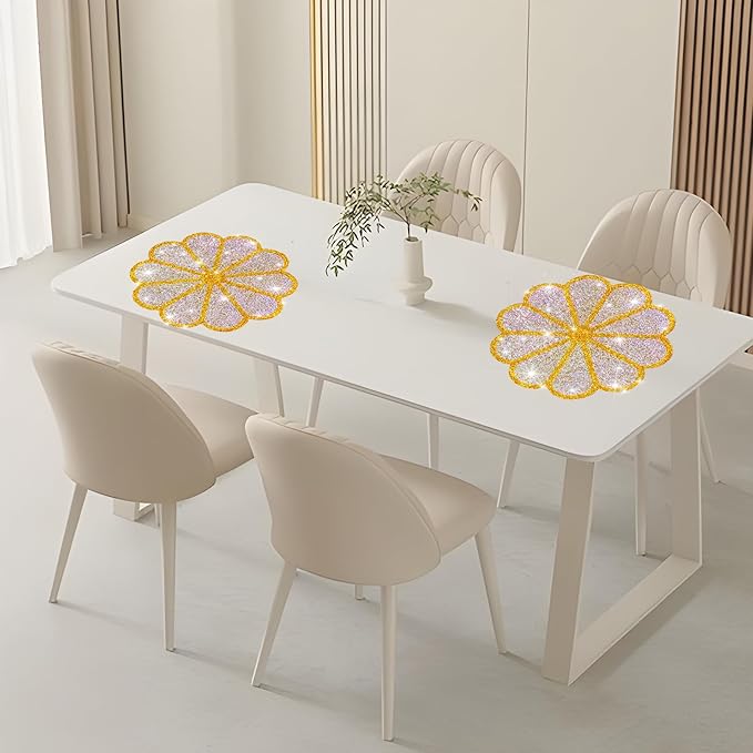 Washable Waterproof Diamond Circle Placemats for Round Tablescape Decor for Dinner and Kitchen Bling Placemats for Weddings & Special Events-12 PCS (Yellow)