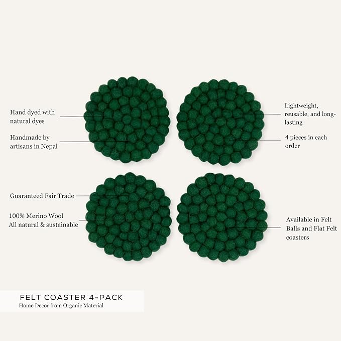 Humble Hilo Handmade Felt Coaster, 3.9 inches, Set of 4 (White)