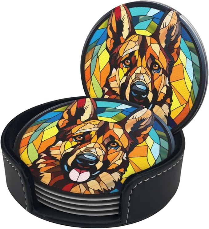 Drink Coaster Set of 6, German Shepherd Dog Mom Lover Gift,Leather Drink Coasters with Holder,6 Pack Cup/Bar/Drink Coasters for Table/Drinks/Coffee Protection Housewarming Gift