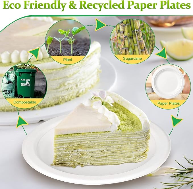 300 Pack Small Compostable Paper Plates, 6 inch, Made from Sugarcane Fibers, Recycled, White