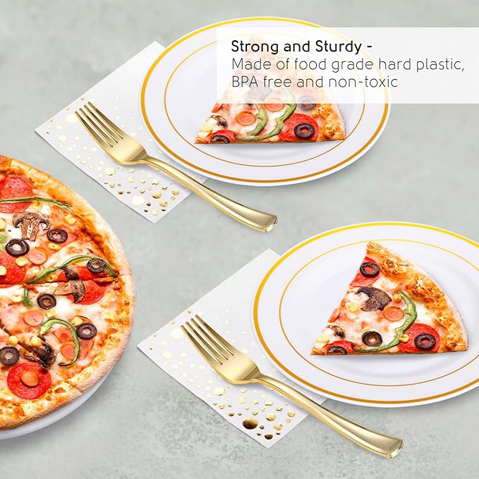 The Essential Concierge 100 Stylish Gold Dessert Plates, Forks and Cocktail Napkins - 7.5 Inch Wedding Cake Plates for Events including Wedding Reception, Parties or Showers