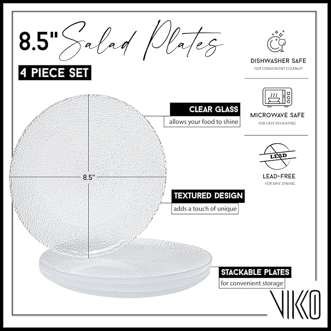 Vikko Salad Plate, Set of 4 Glass Plates, Dessert, Salad, Appetizer Plate, Elegant Textured Glass Design, Stackable 8.5 Inch Plates, Dishwasher Safe