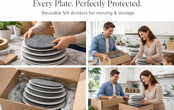 48 Piece Felt Plate Dividers for China Storage - Felt Protectors for Dinner, Salad, and Saucer Plates - Ideal for Moving Fine China, Porcelain, Glass, etc - Cut-to-Fit Full China Set - Grey