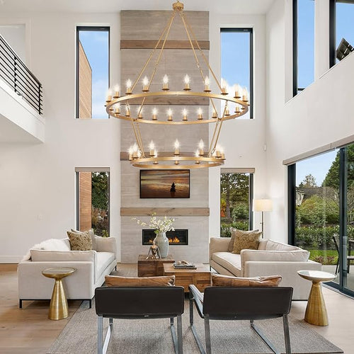 48 Inch 2 Tier Gold Extra Large Wagon Wheel Chandelier 36-Lights Farmhouse Industrial Round High Ceiling Pendant Light Adjustable Chain, for Dining Room, Living Room