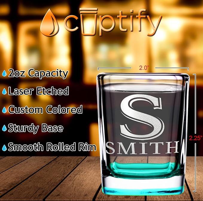 Personalized Square Shot Glasses Set of 10 Teal Bottom 2oz Engraved Initial and Name Custom Gifts, Weddings, Birthdays, Party, Event, Decorations