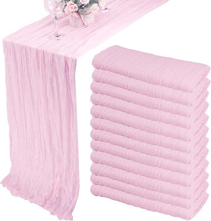 12 Pack 10Ft Cheesecloth Table Runner 35x120 Inch Boho Gauze Table Runner Rustic Cheese Cloth Long Romantic Table Runners for Wedding Bridal Shower Birthday Party Table Decor (Pink Purple)