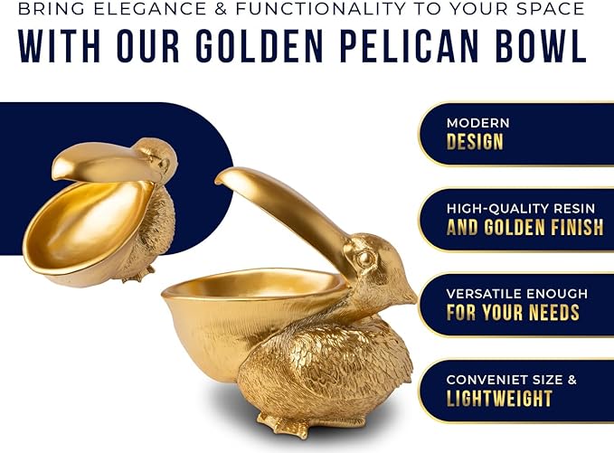 Comfify Pelican Decorative Bowl – Cast Resin Sculpture with Open Dish Design for Snacks, Candies, Keys, or Jewelry – 20 oz Holder with Elegant Golden Finish – Ornamental Accent Piece