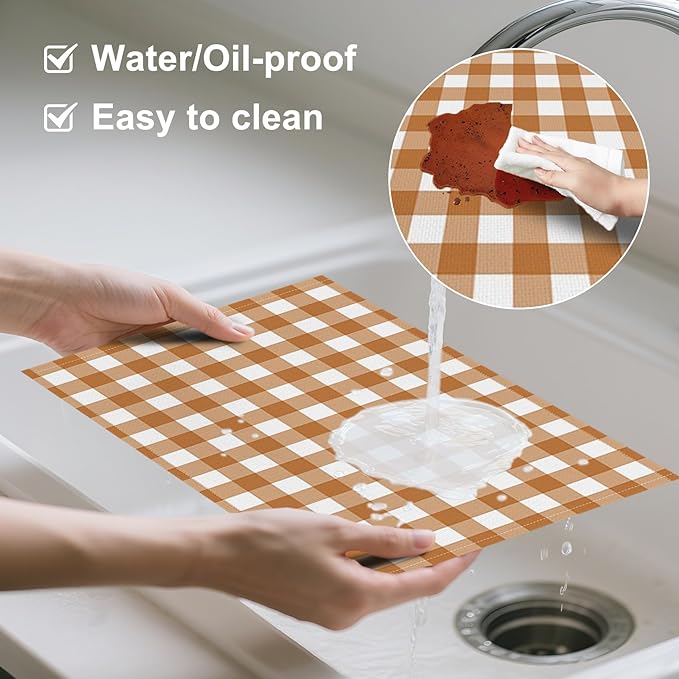 AOFOTO Brown Plaid Placemats Set of 4 for Dining Table Brown and White Checkered Place Mats Washable Rectangular Stripes Table Mats for Party Home Kitchen Restaurant Decor 12x18 Inch