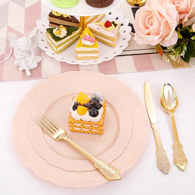 DaYammi 150Pcs Pink Plastic Plates & Gold Plastic Silverware,Pink Disposable Plates for Party Include 30 Dinner Plate,30 Dessert Plate,30 Gold Forks and 30 Spoons, 30 Knives for Wedding Bridal Shower