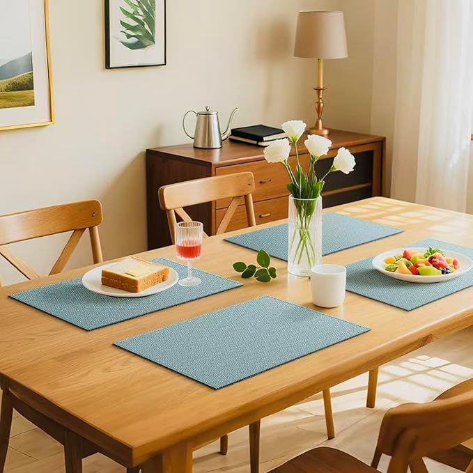 Blue Forest Placemats Set of 8,Dual-Layered Thickened Faux Linen Table Mats Heat Resistant Machine Washable Wrinkle Free Place Mats for Kitchen Dining Outdoor/Indoor (Sky Blue)