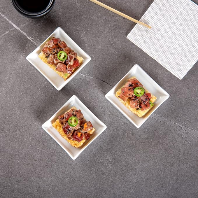 Restaurantware 2.5 Inch Mini Dishes 10 Oven-Safe Square Sauce Dishes - Microwave-Safe Serve Appetizers Desserts or Condiments White Porcelain Tasting Plates For Samples or Individual Portions