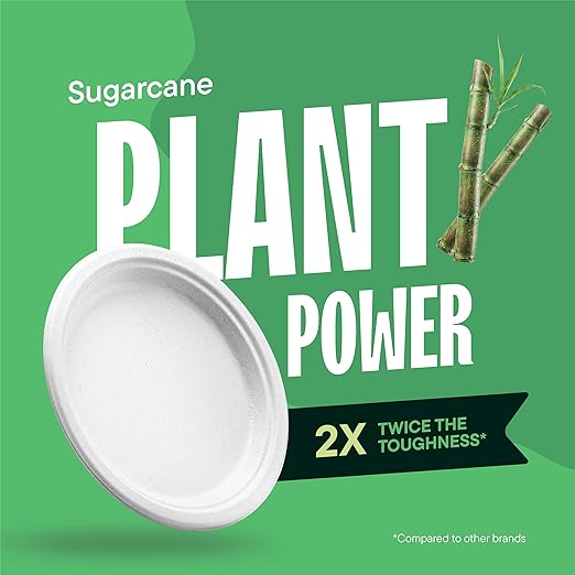 Stack Man 100% Compostable Paper Plates 9 Inch Heavy-Duty [125-Pack] Eco-Friendly White Bagasse Disposable Plates Made of Natural Sugarcane Fibers - 9" Biodegradable Plate (BPI-Certified) (PFAS-Free)