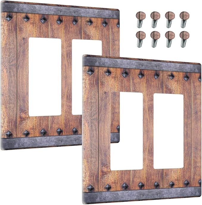 Outlet Covers Rustic Farmhouse Barn Door Vintage Wood 2 Gang Light Switch Cover Double Rocker Wall Plate Decorative GFCI Receptacle Electrical Switchplate for Bathroom Cabin Decor（2 Pack）