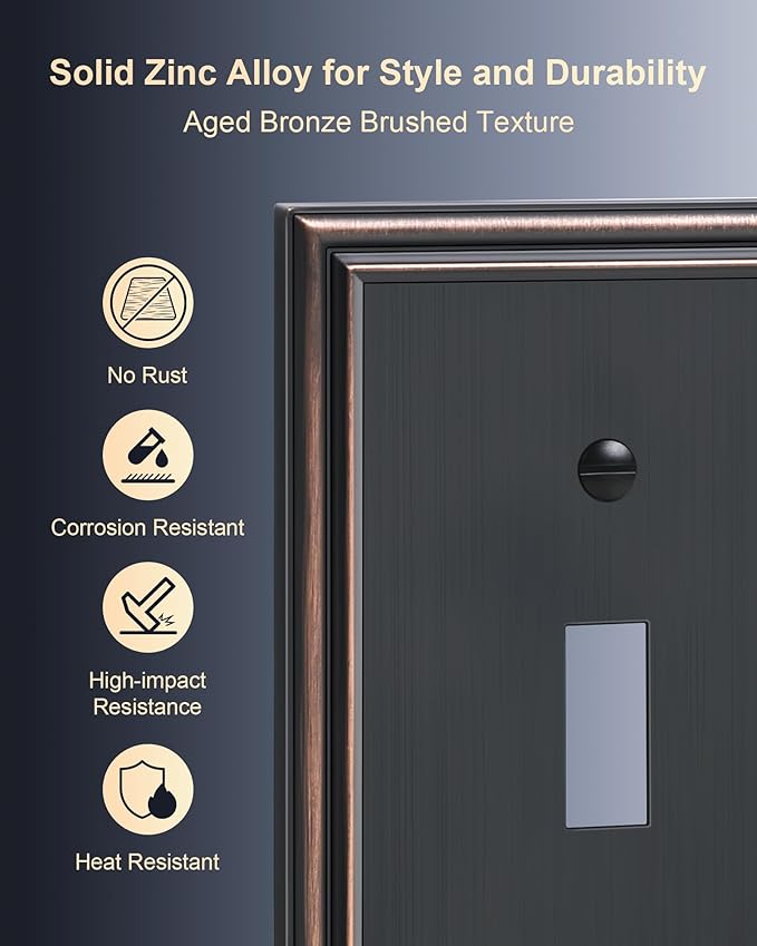 2-Pack Double Toggle Light Switch Cover Plate, Durable Solid Zinc Alloy Decorative Dual Switch Plate Covers, Aged Bronze 2 Gang Wall Plate, Corrosion Resistant