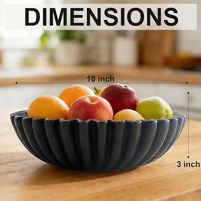 Large Modern Decorative Bowl, Fruit Bowl for counter, Modern Home Decor, Ruffle Bowl for Kitchen Counter Coffee Table, Key Bowl for Entryway Table, 10", Black