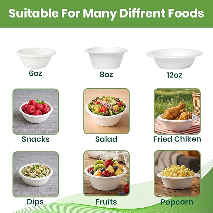 Disposable Paper Bowls, 200 Pack 8 oz, Heavy-Duty Compostable, Eco-Friendly, Bagasse Bowl for Soup, Salad, Dessert & More