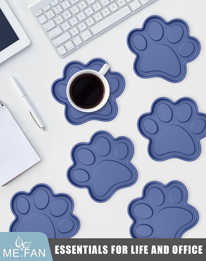 ME.FAN Silicone Coasters 6 Pack Paw Cup Mat with Holder, Dog Cat Paw Shape, for Hot or Cold Drink, Non-Slip, Non-Stick, Room Decor, Housewarming Navy Blue