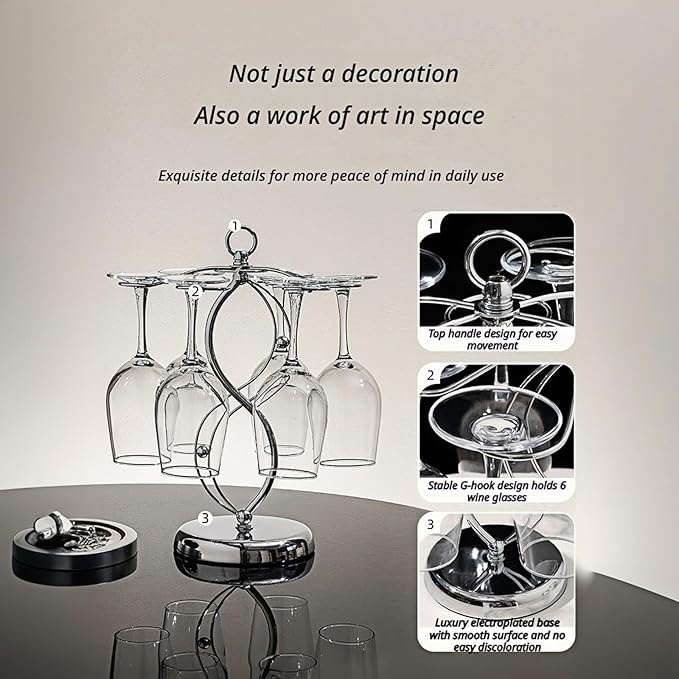 Wine Glass Holder Stand-Elegant Countertop Stemware Rack for 6 Glasses - Freestanding Stainless Steel Drying Organizer for Home Bar, Kitchen & Dining Table Decor