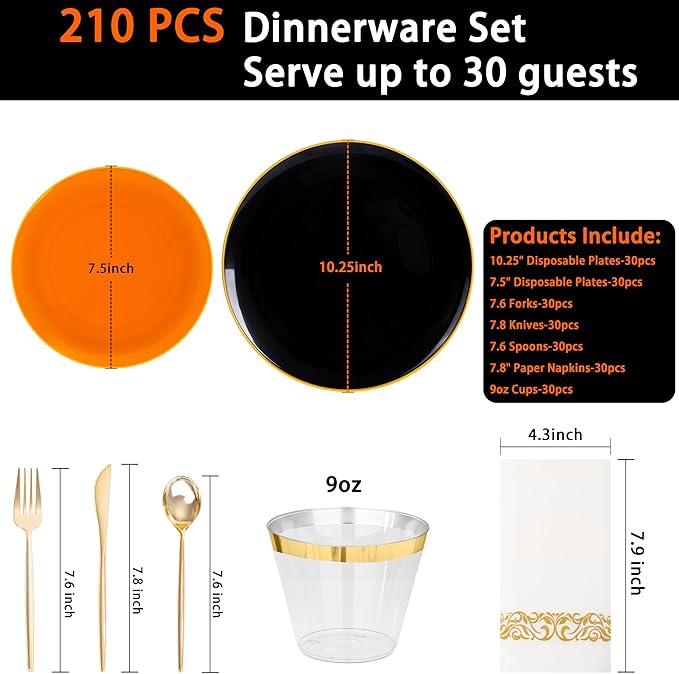 MirthMood 210PCS black and orange Plastic Plates,Black Disposable Plates –Plastic Plates Set Includes 30 Dinner,30 Dessert Plate,30 Cup&30 Napkins, 30 Gold Silverware for Wedding& Thanksgiving