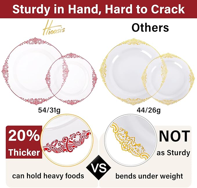 Hioasis 350pcs Clear and Red Plates - Red Party Plates for 50 Guest, Include 100 Heavy-duty Plates(20% Thicker Than Standard), 50 Pre Rolled Gold Plastic Silverware Set, 50 Cups
