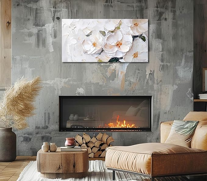 ADJUVANT Wall Art Impressionist Minimalist White Floral 48"L x 24"W, White Flowers With Subtle Tones Canvas Painting Delicate Petals Artwork Floral Wall Decor for Living Room Bedroom Bathroom Home Office