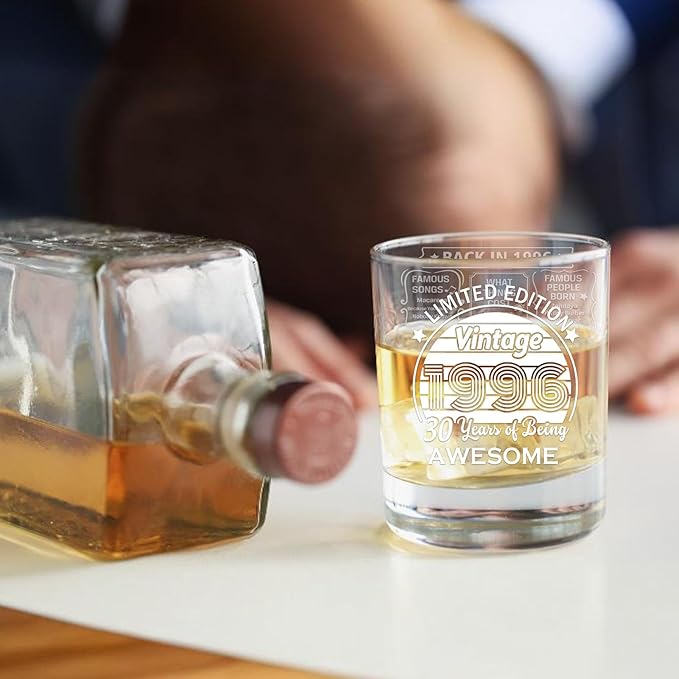 Old Fashioned Glasses-1996-Vintage 1996 old time information 10.25oz Whiskey Rocks Glass -30th Birthday Aged to Perfection - 30 years old gifts Bourbon Scotch Lowball Old Fashioned-1PCS