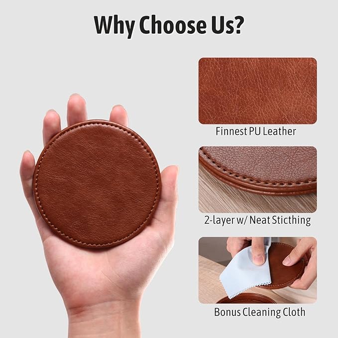 Drink Coasters with Holder, 4" Leather Coasters for Drinks Set of 6 for Tabletop Protection, Elegant Home Decor & Handmade Housewarming Gift - Brown