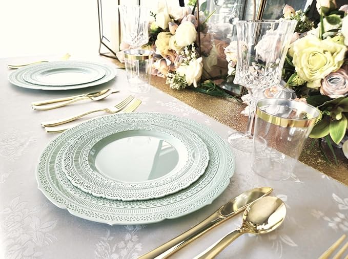 " OCCASIONS " 200pcs set (25 Guests)-Extra Heavyweight Vintage Wedding Disposable/Reusable Plastic Plates -25x 11'' + 25x 8.25''+Silverware+Cups+Napkins (Chateau in Mint)