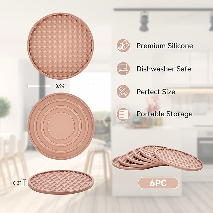 Coasters for Drinks, Silicone Coasters Set of 6 with Metal Holder, Outdoor Coaster for Coffee Table, Non-Slip Rubber Table Cup Mat Desk, Heat Resistant & Scratch-Proof (Dusty Pink)