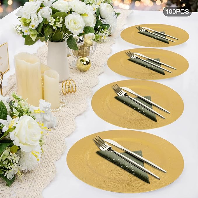 100 Pcs Antique Charger Plates Bulk, 13in Reusable Serving Plates Embossed Rim Plastic Party Dinner Plate Chargers Round Decorative Server Plate for Wedding Party Event Tableware