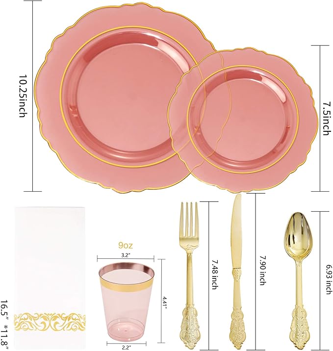 KIRE 210Pcs Clear Pink Plastic Plates with Gold Rim - Disposable Pink Plates&Silverware&Pink Cups&Hand Napkin - Plum Colored Plastic Dinnerware for Upscale Wedding/Valentine's Day