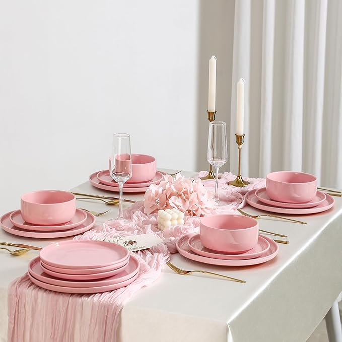 GZG Modern Art Series - 12 Pcs Speckled Stoneware Plates and Bowls Sets, Ceramic Dinnerware Set with Rustic Terracotta Underside, Microwave and Dishwasher Safe Handcrafted Dishes Set - Blush Pink