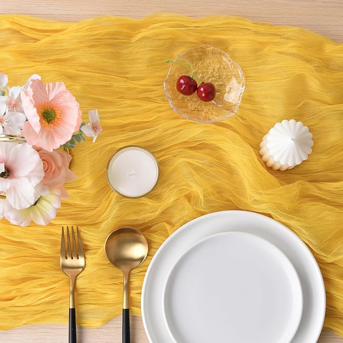Joanlody Yellow Cheesecloth Table Runner Spring Easter 10Ft Rustic Gauze Boho Cheese Cloth Table Runner for Wedding Bridal Baby Shower Decoration 4 Pack