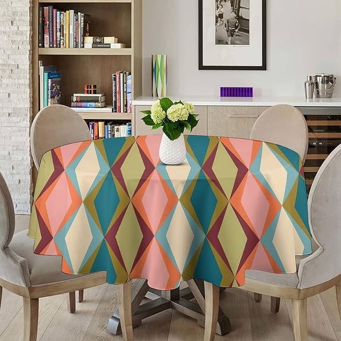 Abstract Geometric Boho Round Tablecloth, Retro Modern Mid Century Tablecloth for Home Party Dining Room Kitchen Decor 50Inch(127cm)