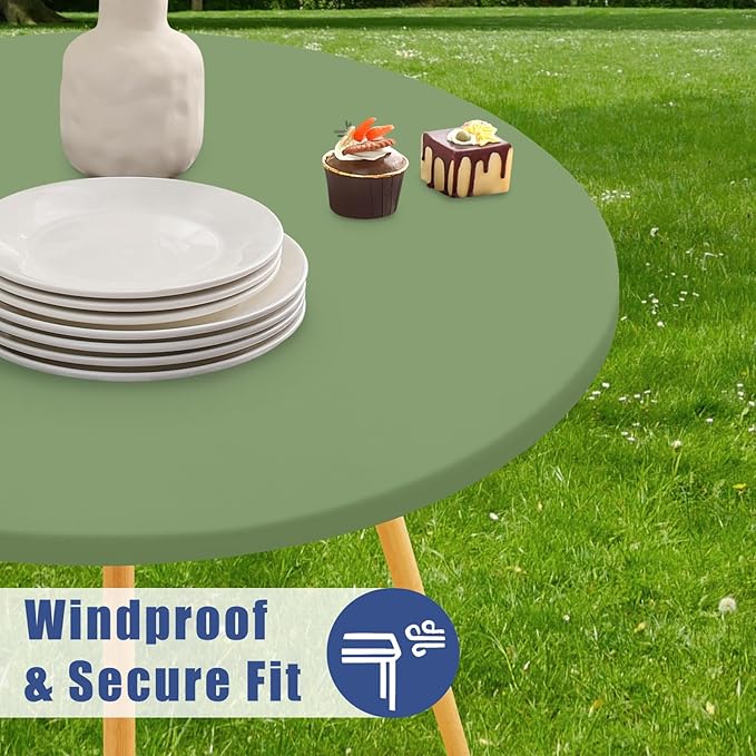 Round Spandex Tablecloth, Elastic Fitted Waterproof Tablecloths for 45"-56" Tables, Stretch Washable Picnic Table Cover for Camping, Dining, Indoor and Outdoor, Sage Green