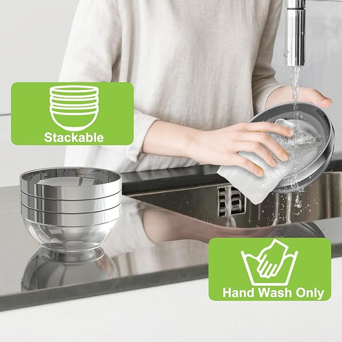 Stainless Steel Bowls, 4 Pack 7in 52.4oz 1550ml Large SUS304 Double Wall Insulated Stackable Metal Hot Soup Bowl Containers for Dishes Serving Cereal Snacks Ice Cream Food Rice Salad