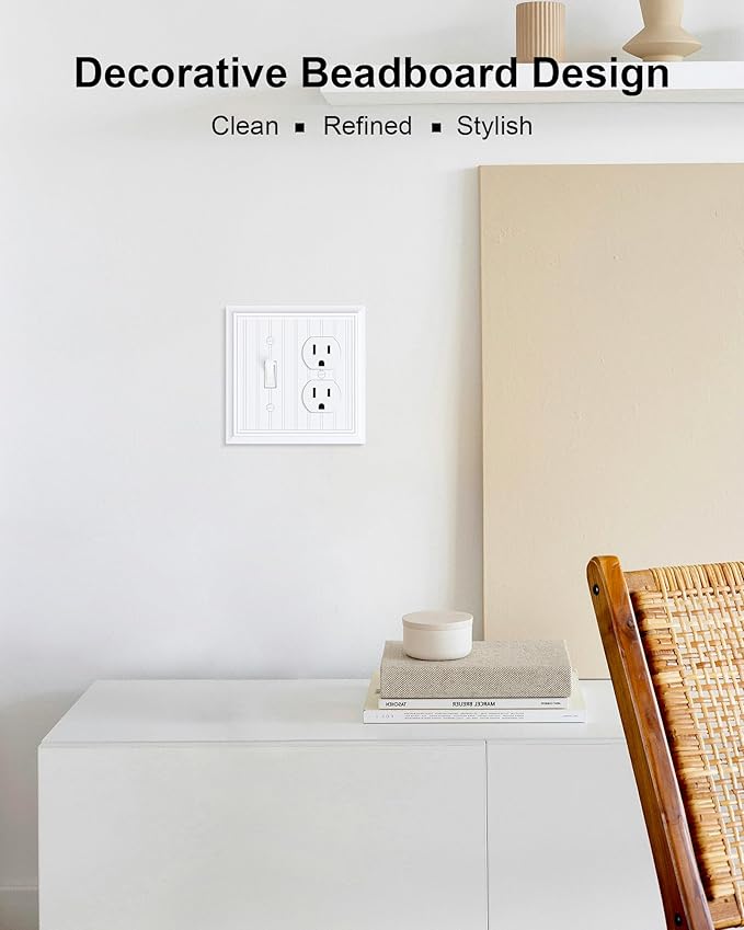 2-Pack Classic Beadboard Combo Toggle/Duplex Light Switch Cover Plate, Pure White Outlet Cover Plate, Natural Bamboo Fiber Decorative Wall Receptacle Cover for Electrical Outlets, Light Switch