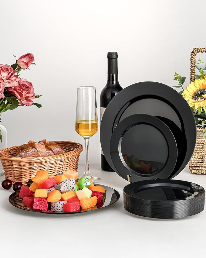 BESTVIP 100PCS Black Disposable Plastic Plates, Disposable Party Plates with 50 Dinner Plates and 50 Dessert Plates, Plastic Plates for Party, Wedding Birthday (Black, 100PCS)