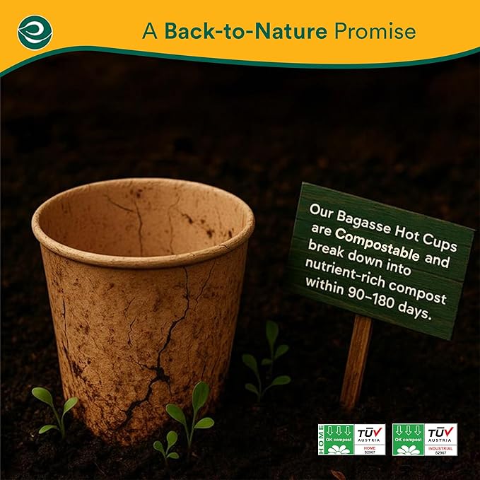 ECO SOUL 100 Pack 8 oz Disposable Coffee Cups Eco-Friendly, Biodegradable, Compostable, Leak-free & Sturdy To Go Hot Drink Travel Bagasse Cup for Tea, Chocolate, Party, Picnic & Cafe, Office & Home