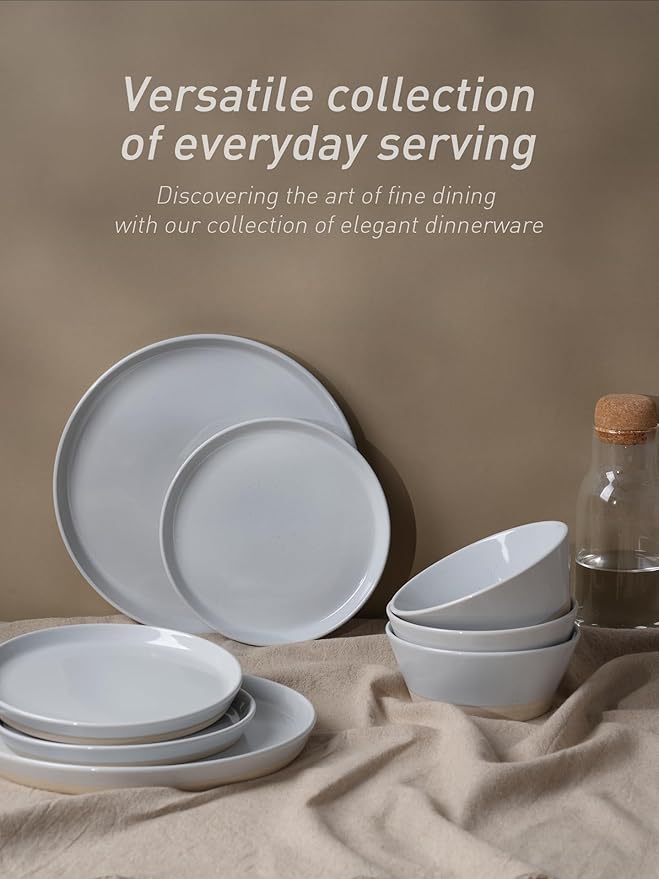 Famiware Saturn 16 Pieces Plates and Double Bowls Sets for 4, Stoneware Dinnerware Set with Pasta Bowl, Dish Set with Trim - Chip & Scratch Resistant, Microwave & Dishwasher Safe, Light Gray