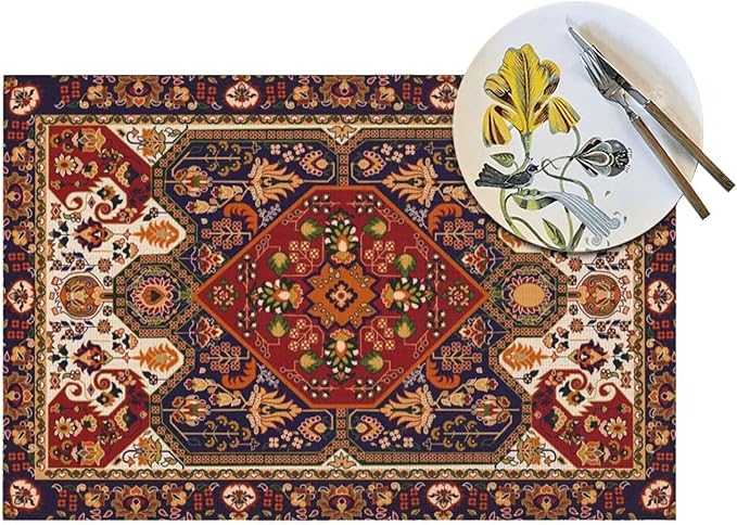 Persian Design Placemats Set of 4 Tribal Texture Boho Persian Rust Wipeable Table Mats Reusable Washable PVC Rectangle Place Mats for Kitchen Dining Home Decor 12x18 Inches