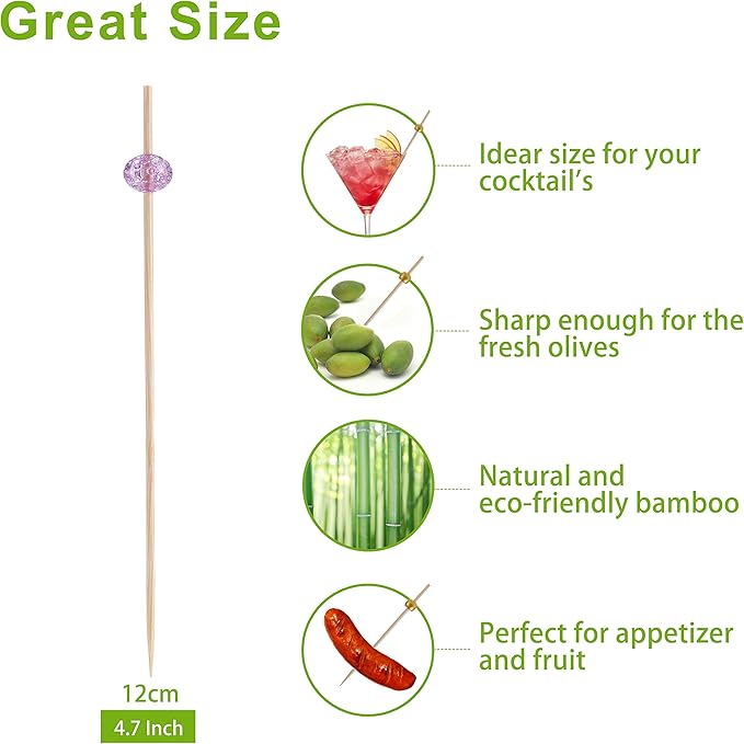 200 Pcs Cocktail Picks, 4.7 Inch Toothpicks for Appetizers, Bamboo Cocktail Sticks Skewers for Drinks, Desserts, Charcuterie, Wedding Party Fancy Toothpicks, Colour Pearl Mini Food Picks Decorative