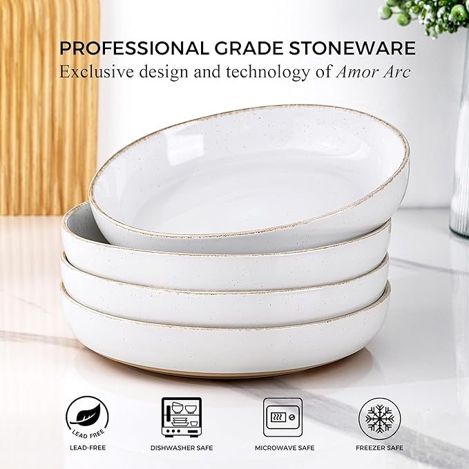 AmorArc 8.75'' Large Ceramic Pasta Bowls, 36oz Handpainted Stoneware Bowls Set of 4, Microwave&Dishwasher Safe Bowls with Wavy Rim&Rustic Terracotta Underside for Pasta Salad, White-Handbrush Rim